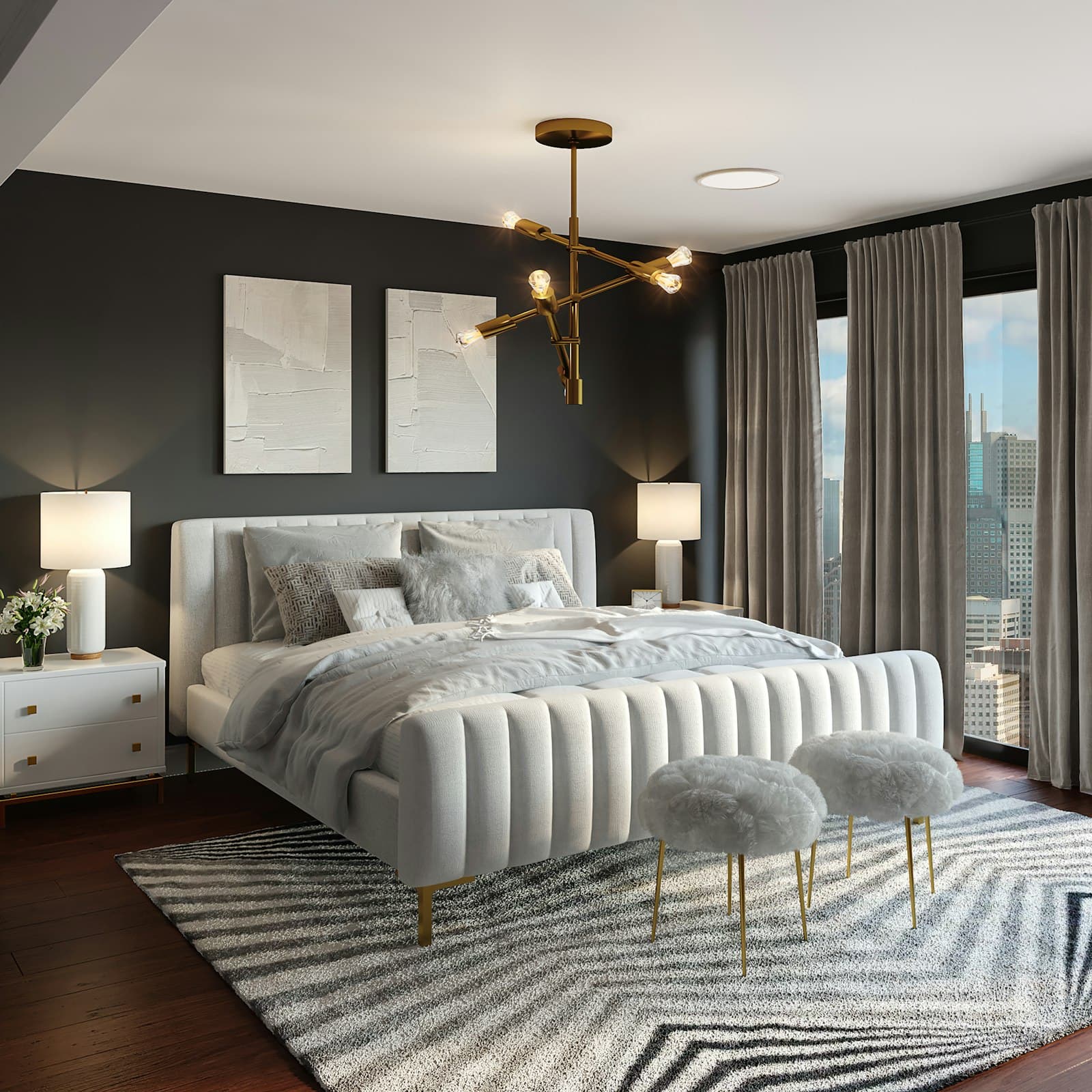 A bedroom with a tall upholstered bed and city windows