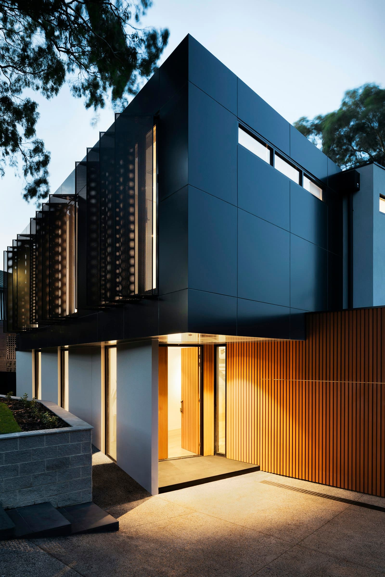 A modern entry at dusk with a warm timber door and dark cladding