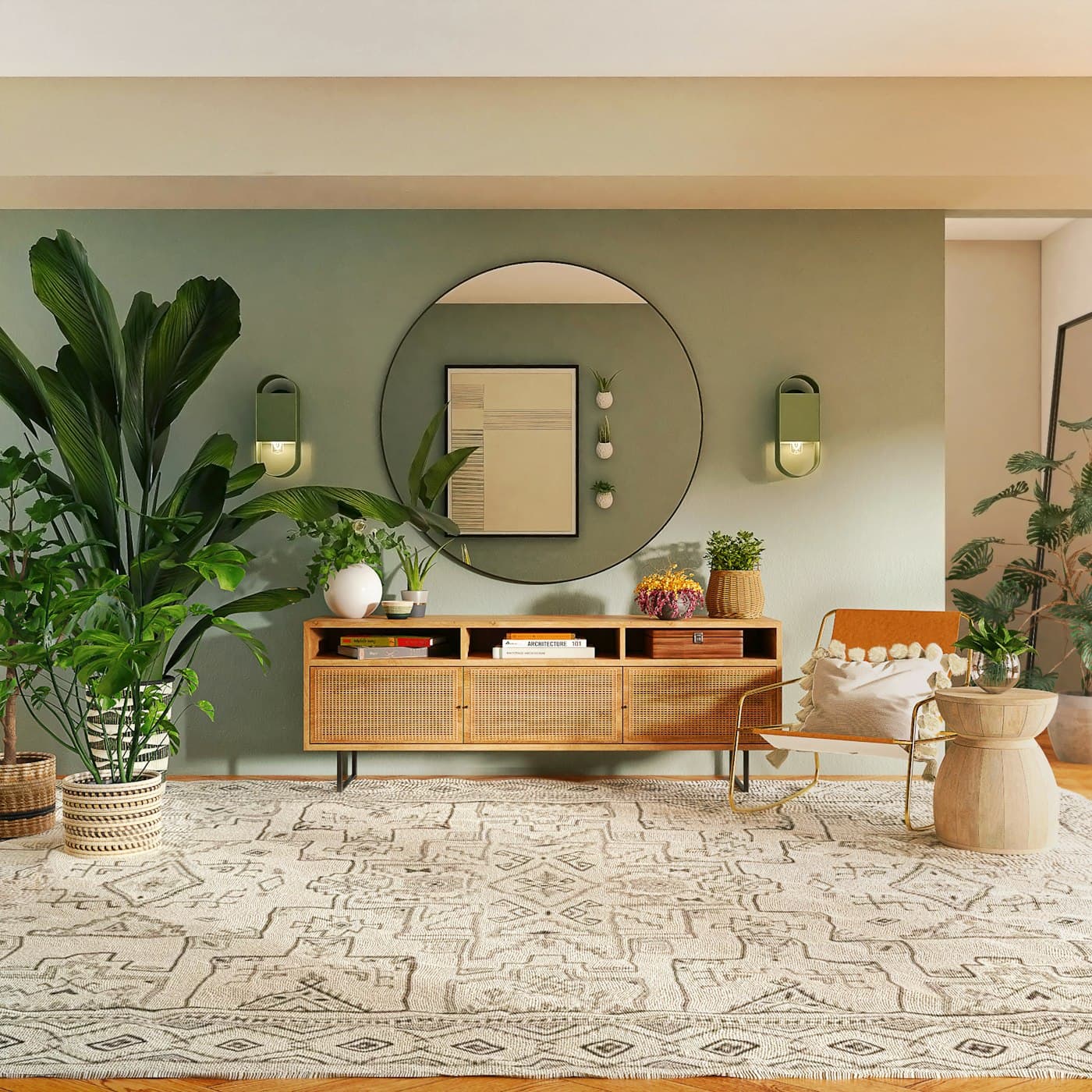A styled sitting corner with a round mirror, plants, and a cane cabinet